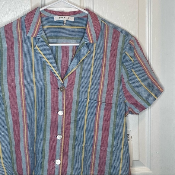 Frame Stripe High/Low Linen Shirt In Purple Multi S - Picture 7 of 16